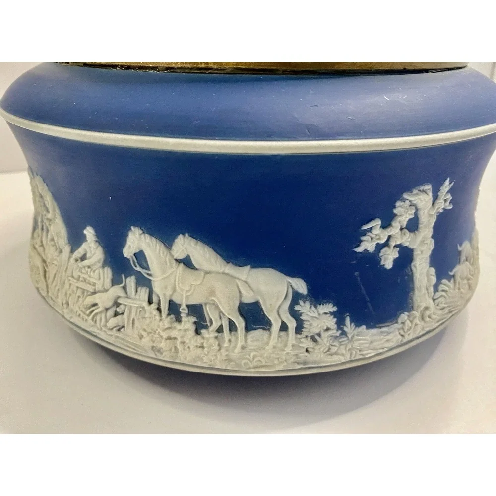 Antique Adams Tunstall Dark Blue Jasperware Bowl Dish Dogs Horses Scene See Pics